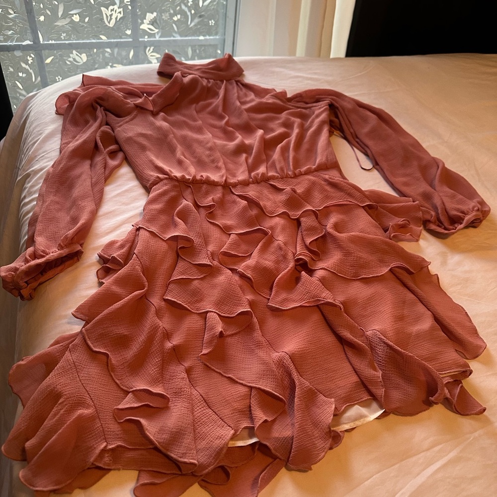 ZARA WOMAN HIGH COLLAR RUFFLED MINI DRESS MARSALA Size : Large, P2P: 17 inches - Picture 10 of 11